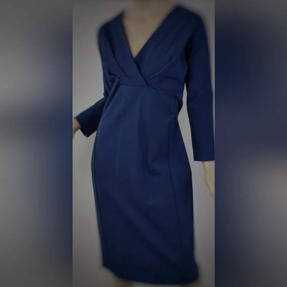 PIAZZA SEMPIONE Blue Ponte Knit Surplice Slim Sheath Midi Dress Size IT. 40 - Picture 9 of 11